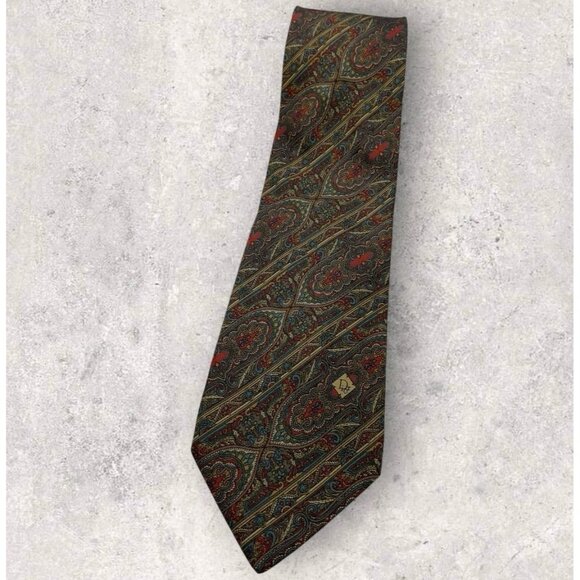 CHRISTIAN DIOR Silk Tie ITALY Burgundy Blue Beige Geometric Logo W:3.6" EUC - Picture 1 of 5